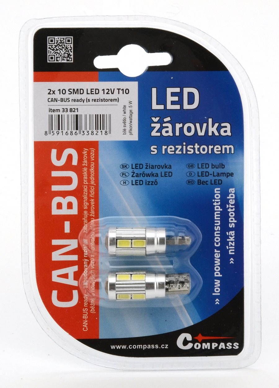 COMPASS 10 SMD LED 3chips 12 V T10 2 ks