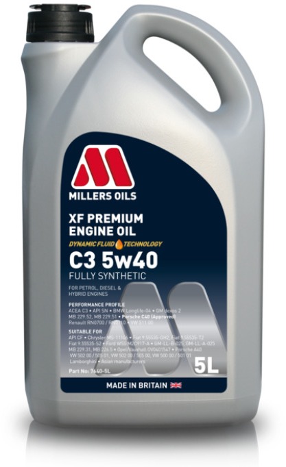 Millers Oils Plne syntetický motorový olej – XF Premium C3 5W-40 5l vhodný na najmodernejšie benzíno