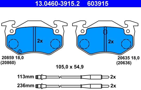 ATE 603915 Súprava brzdových doštičiek 13.0460-3915.2