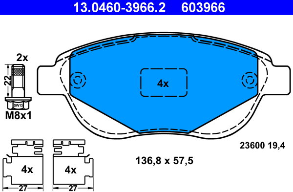 ATE 603966 Súprava brzdových doštičiek 13.0460-3966.2
