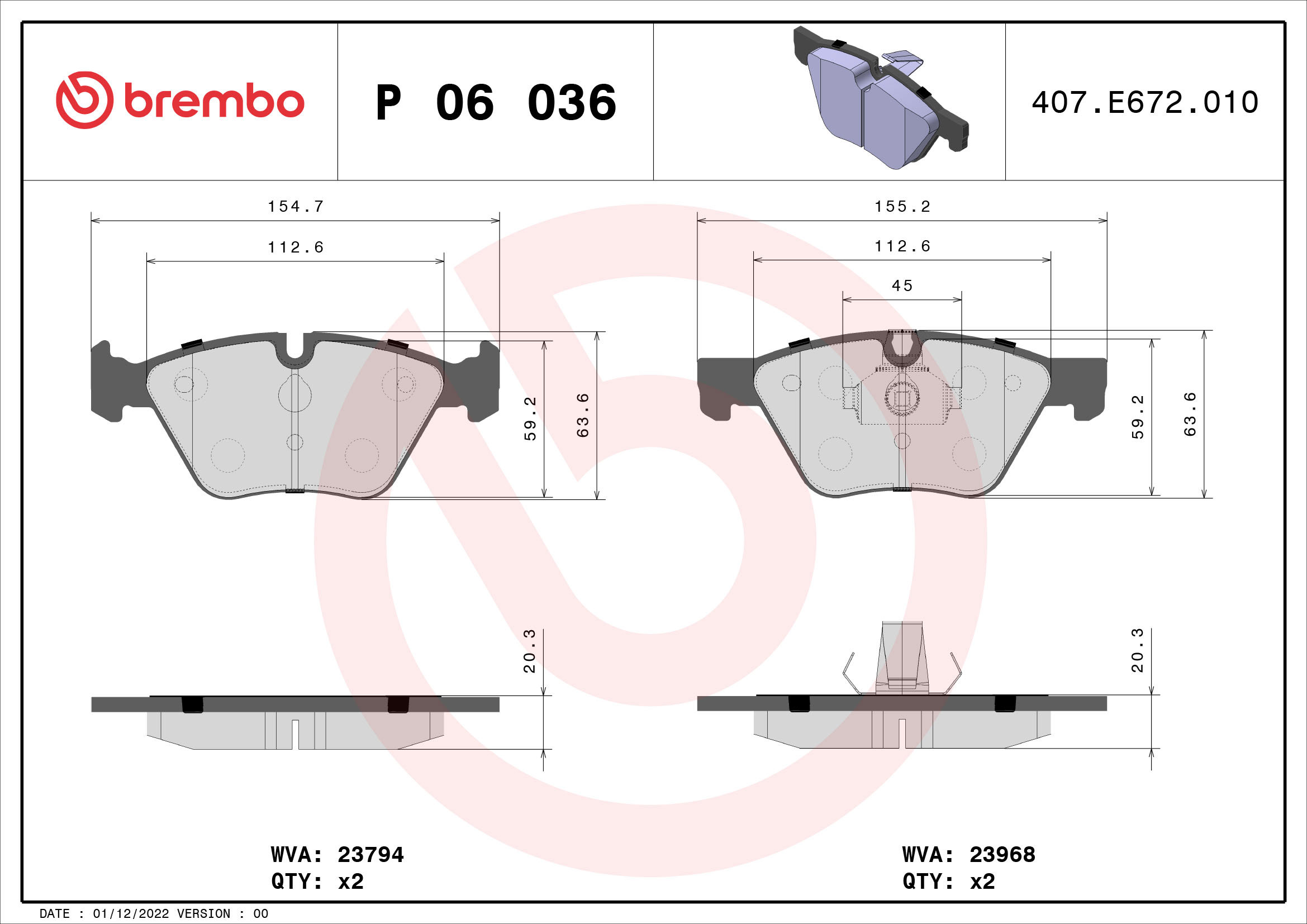 BREMBO Súprava brzdových doštičiek P 06 036