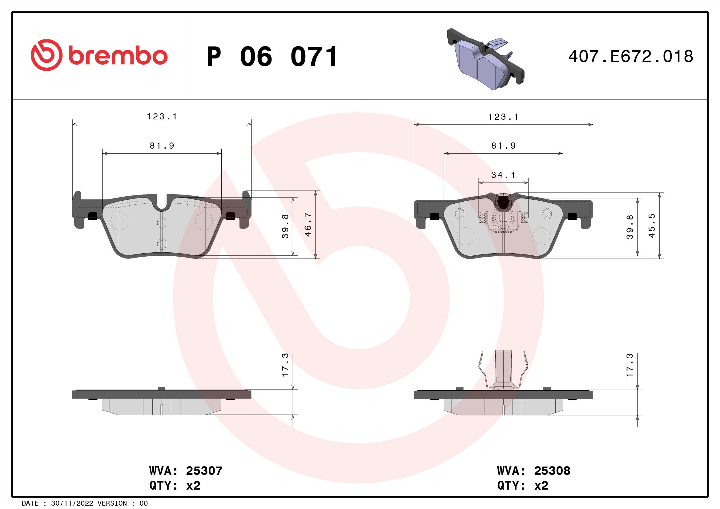 BREMBO Súprava brzdových doštičiek P 06 071X