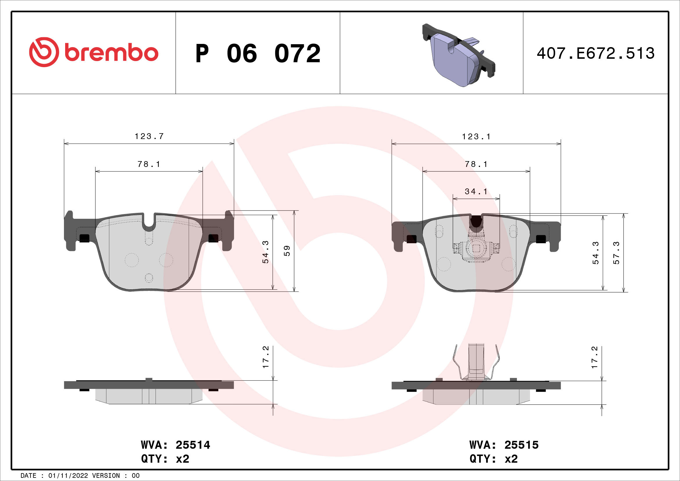 BREMBO Súprava brzdových doštičiek P 06 072