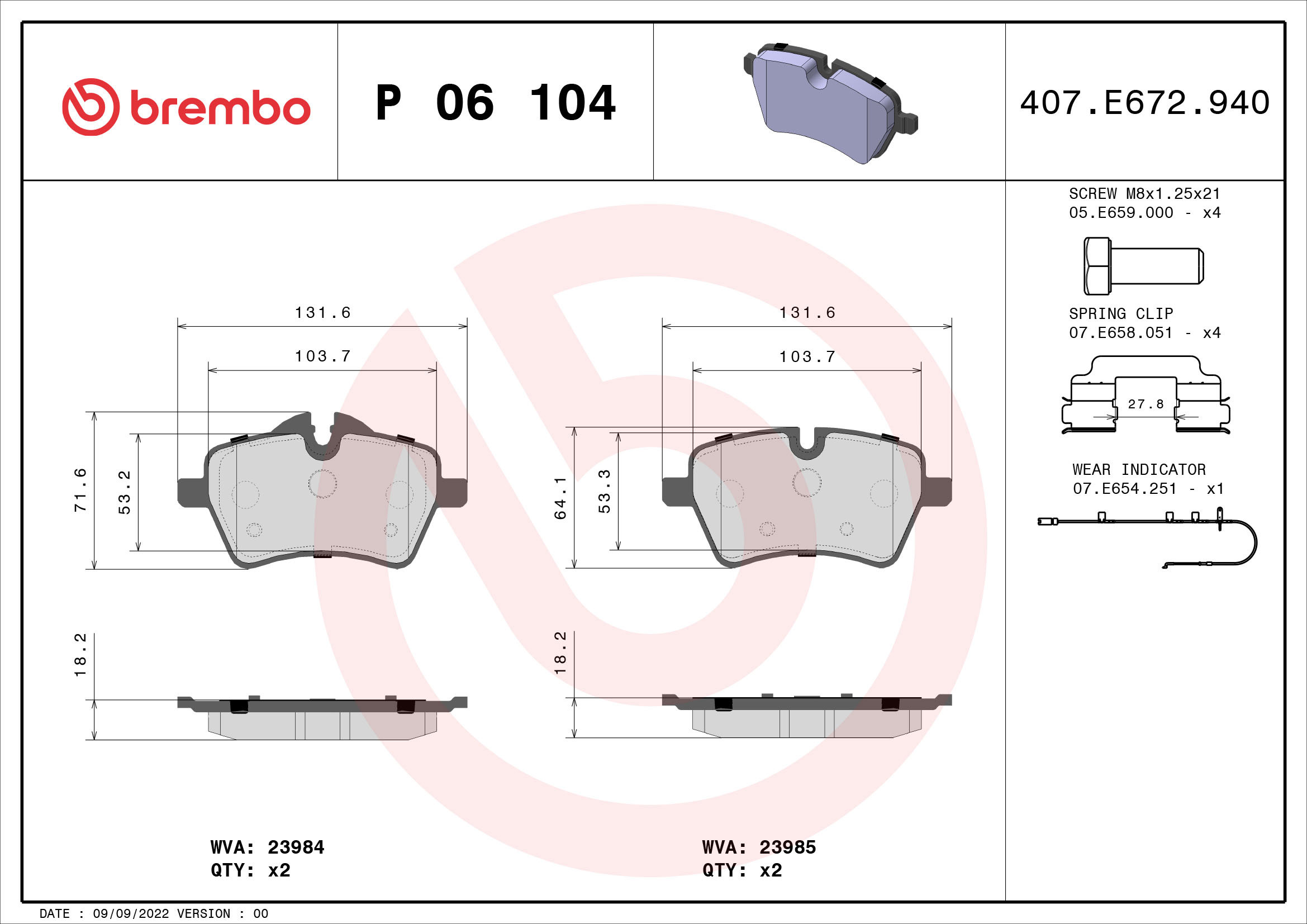 BREMBO Súprava brzdových doštičiek P 06 104