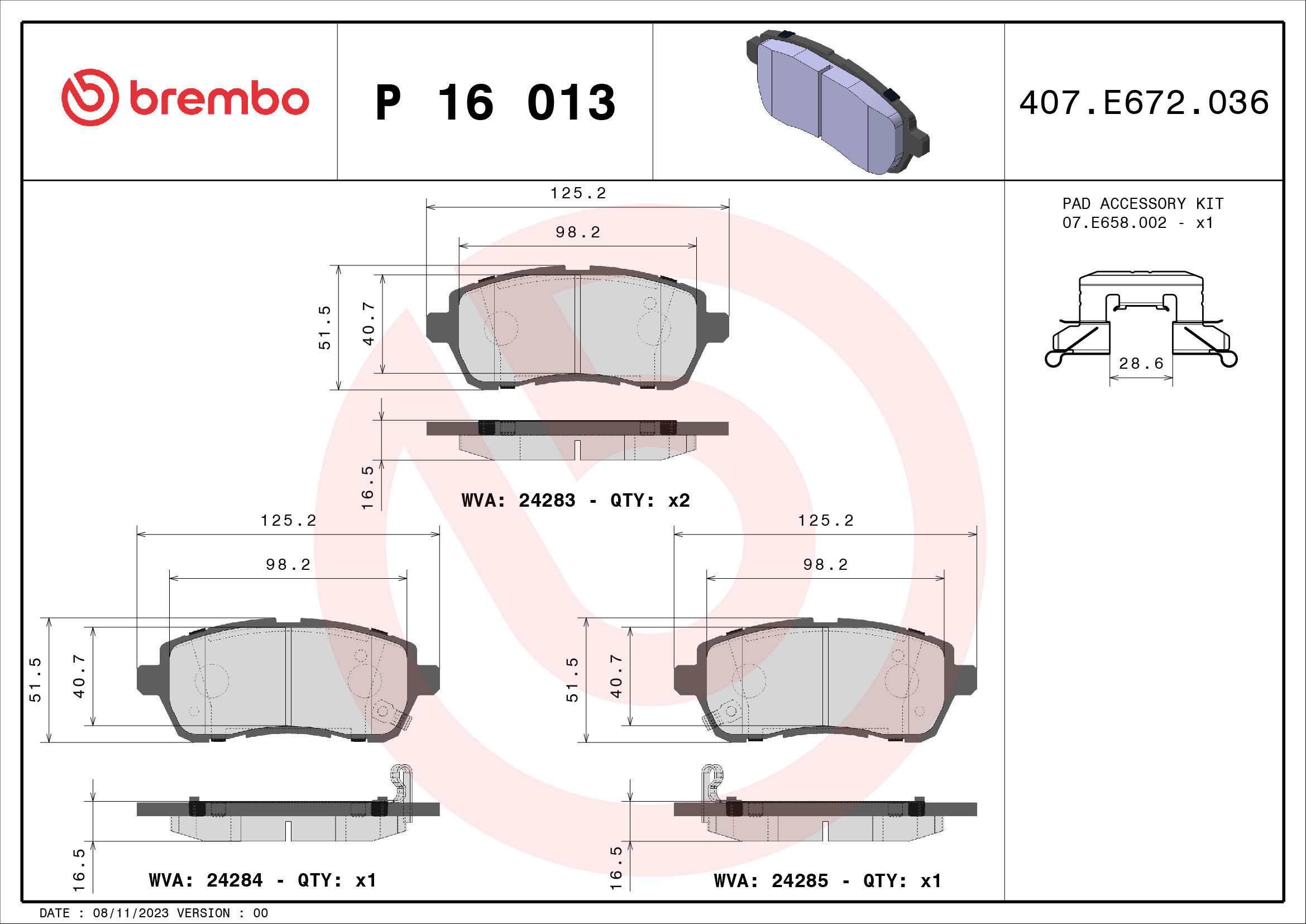 BREMBO Súprava brzdových doštičiek P 16 013X
