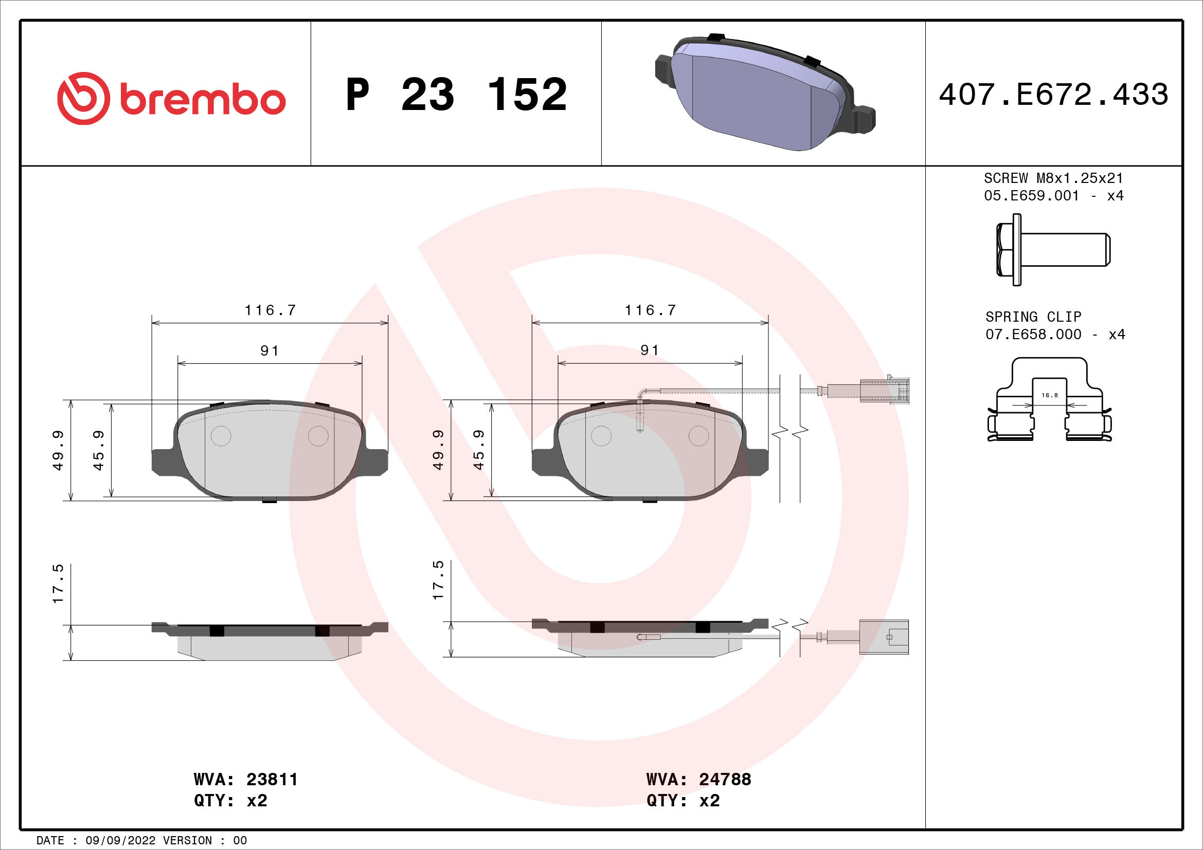 BREMBO Súprava brzdových doštičiek P 23 152X