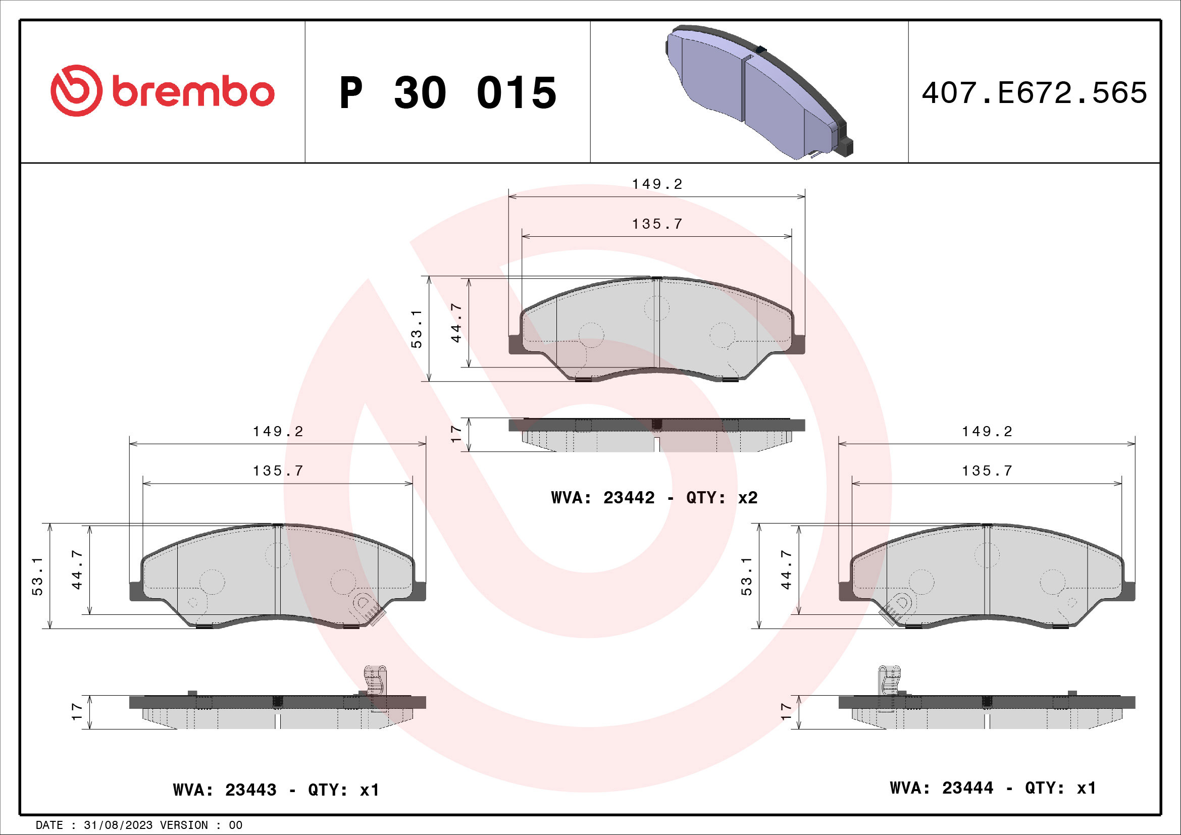 BREMBO Súprava brzdových doštičiek P 30 015