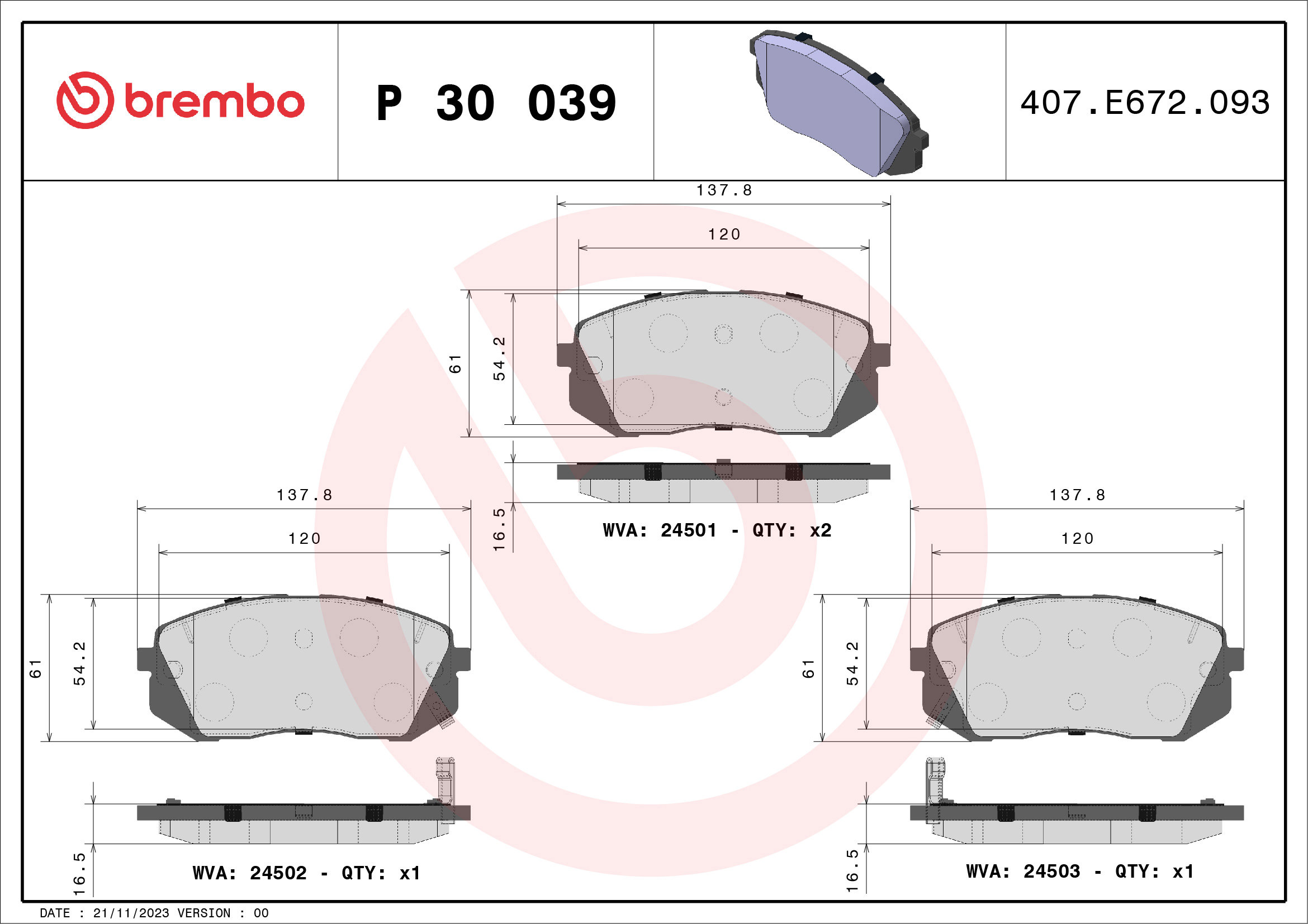 BREMBO Súprava brzdových doštičiek P 30 039