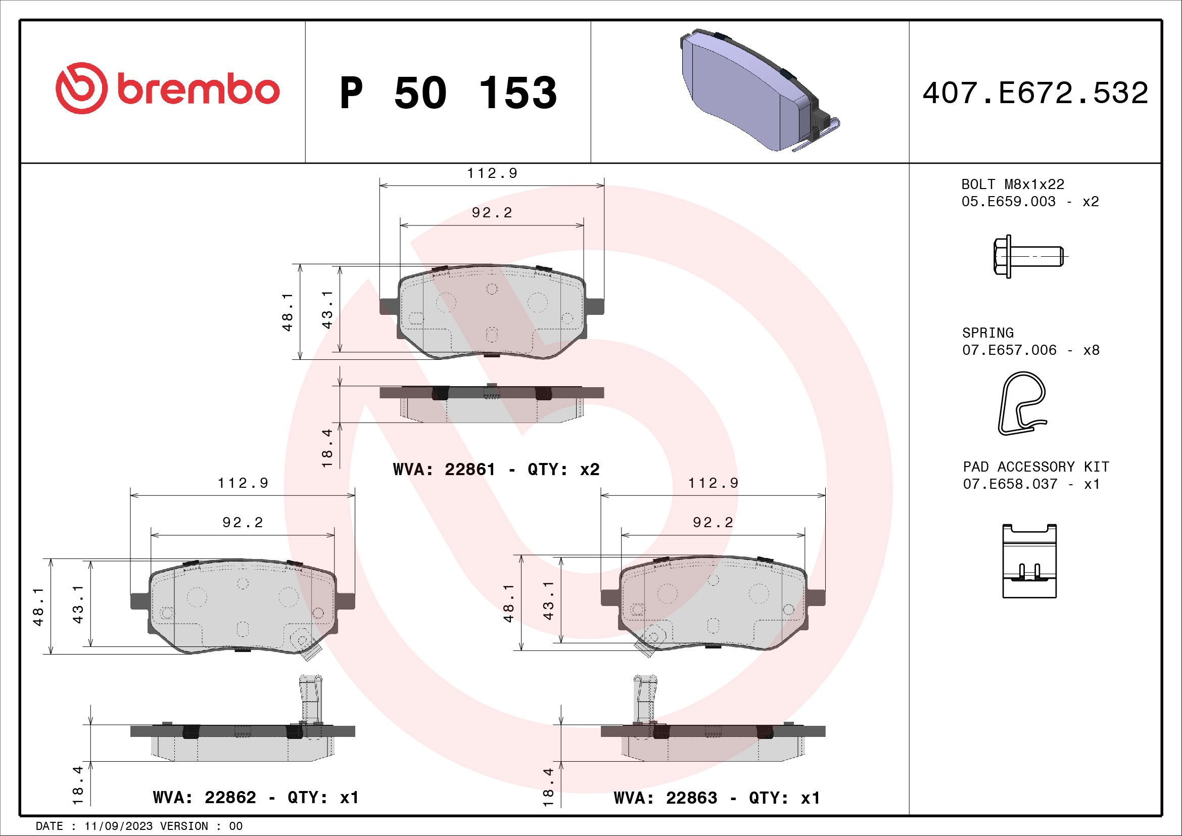 BREMBO Súprava brzdových doštičiek P 50 153