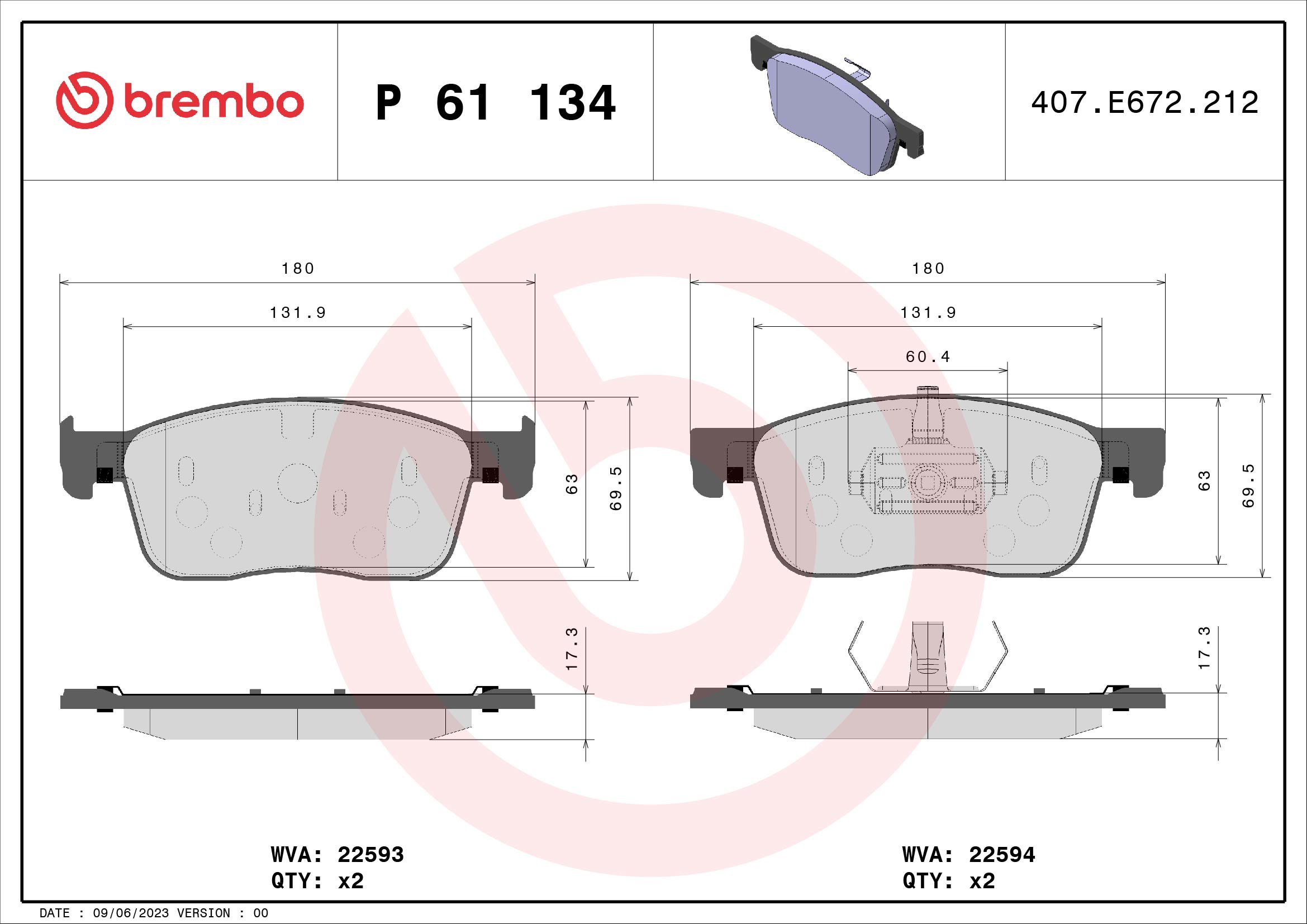BREMBO Súprava brzdových doštičiek P 61 134