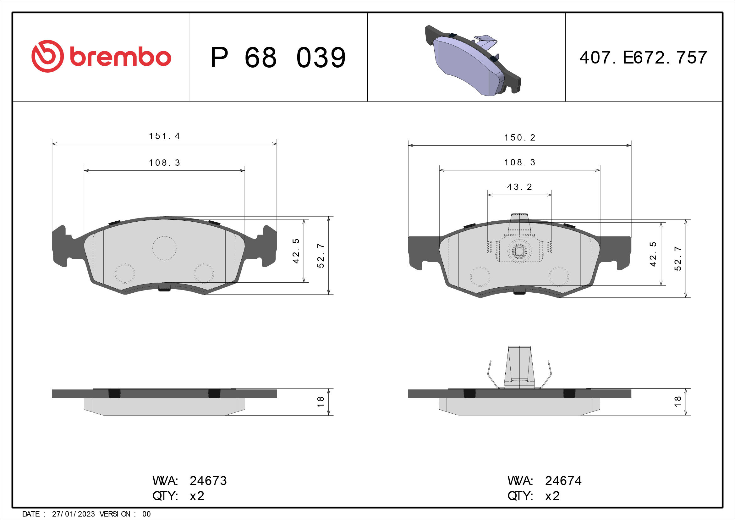 BREMBO Sada brzdových doštičiek P 68 039