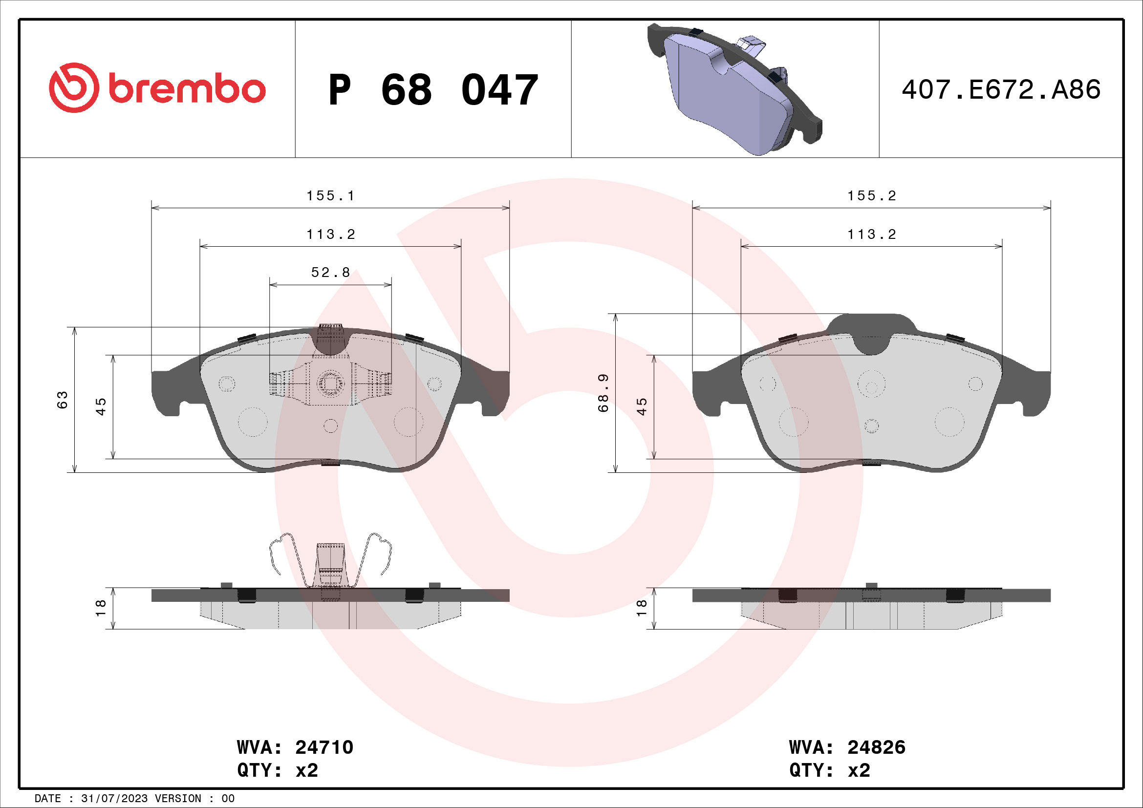 BREMBO Súprava brzdových doštičiek P 68 047X