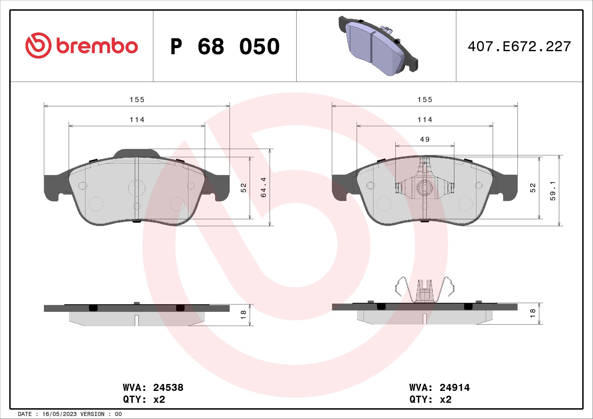 BREMBO Súprava brzdových doštičiek P 68 050X