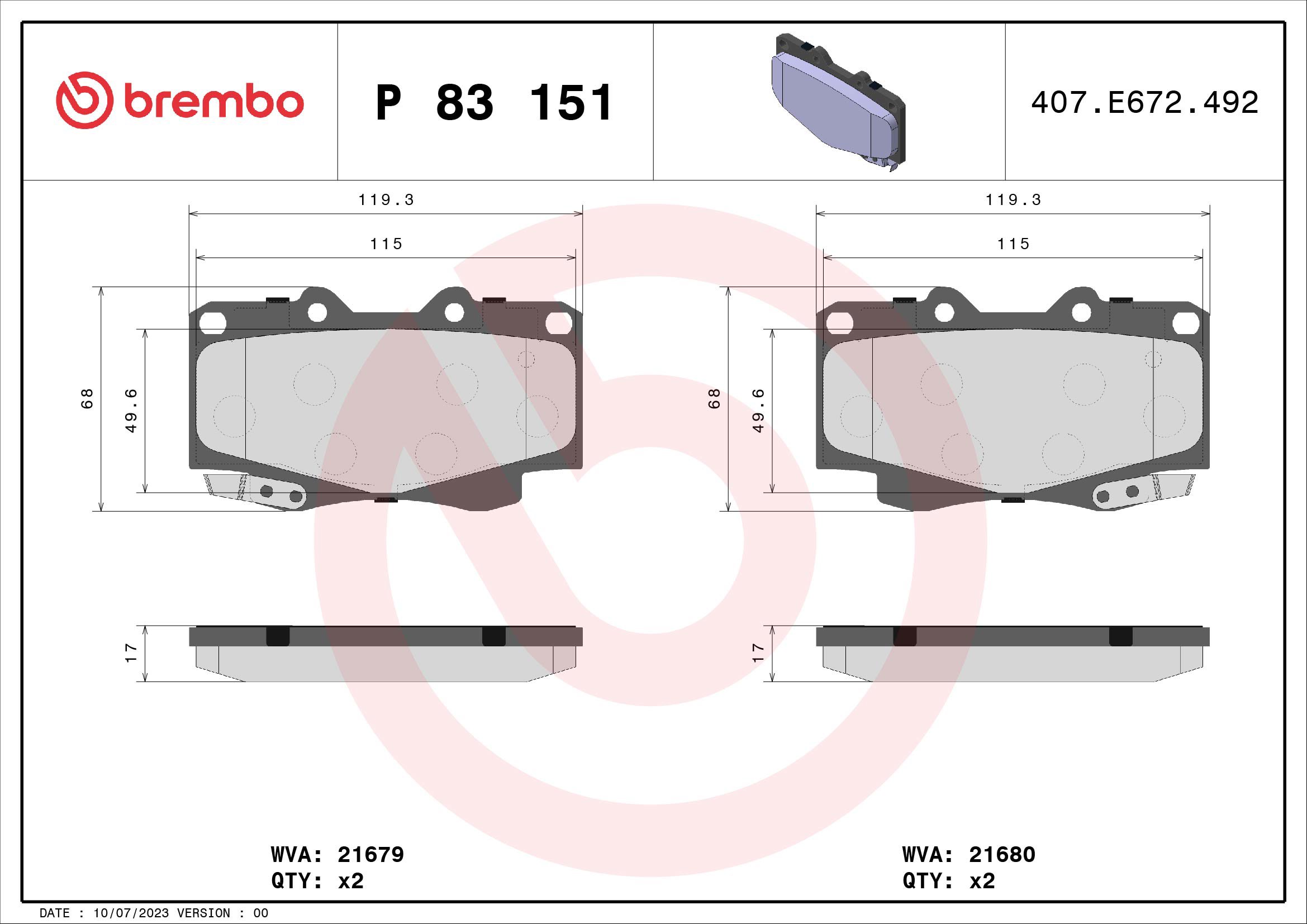 BREMBO Sada brzdových doštičiek P 83 151