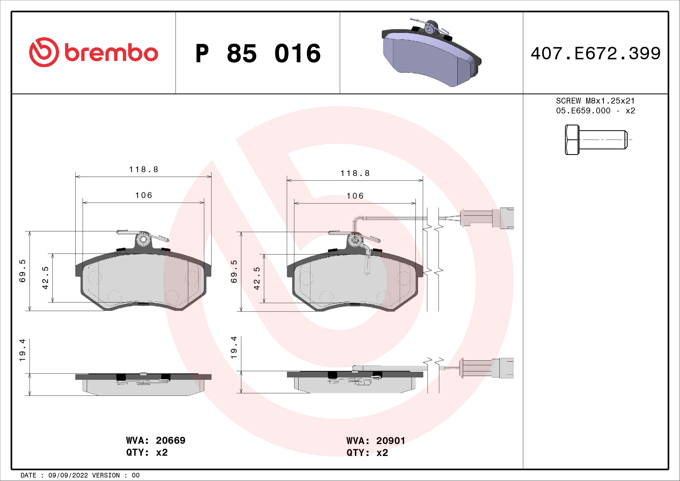 BREMBO Súprava brzdových doštičiek P 85 016