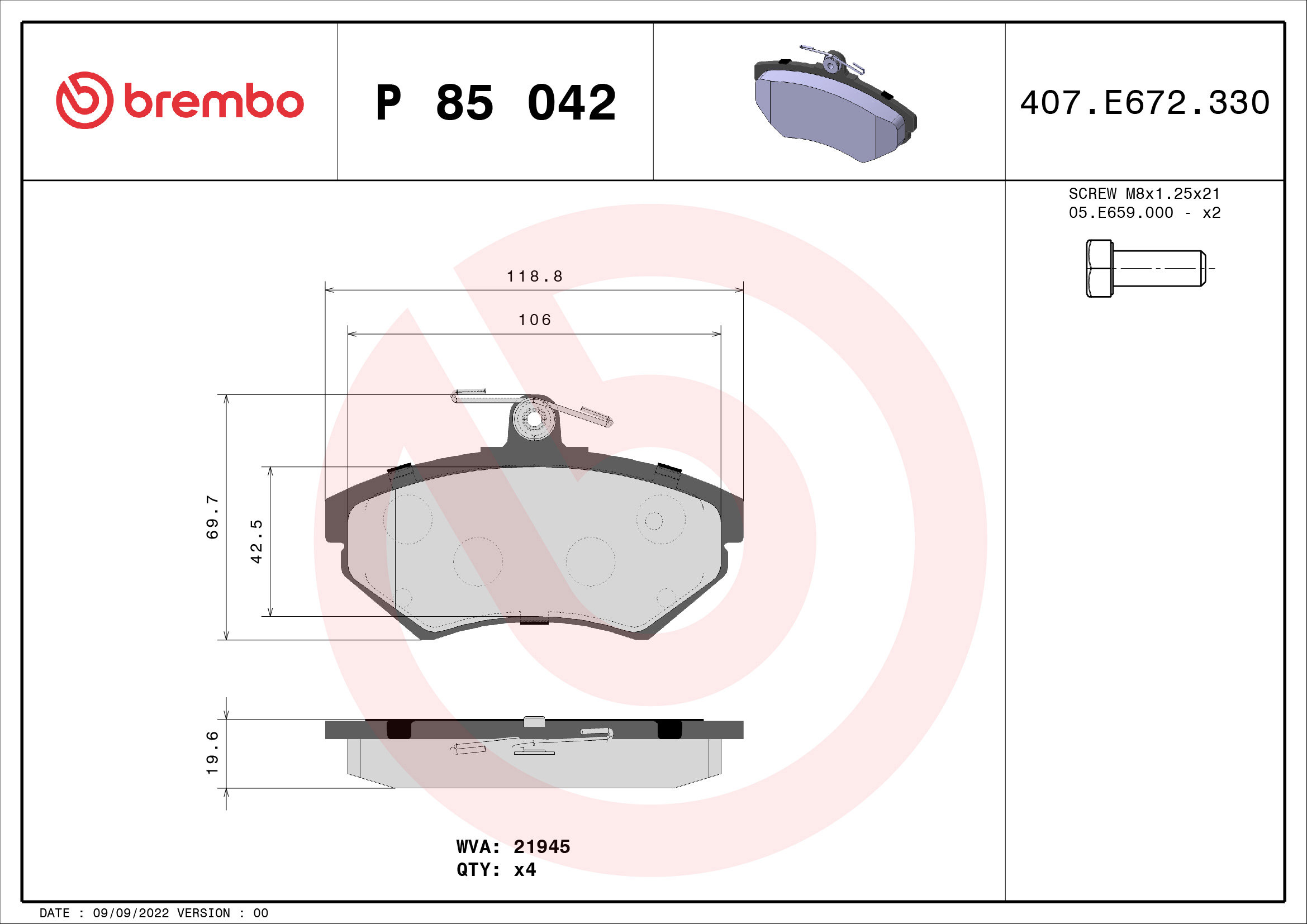 BREMBO Sada brzdových doštičiek P 85 042