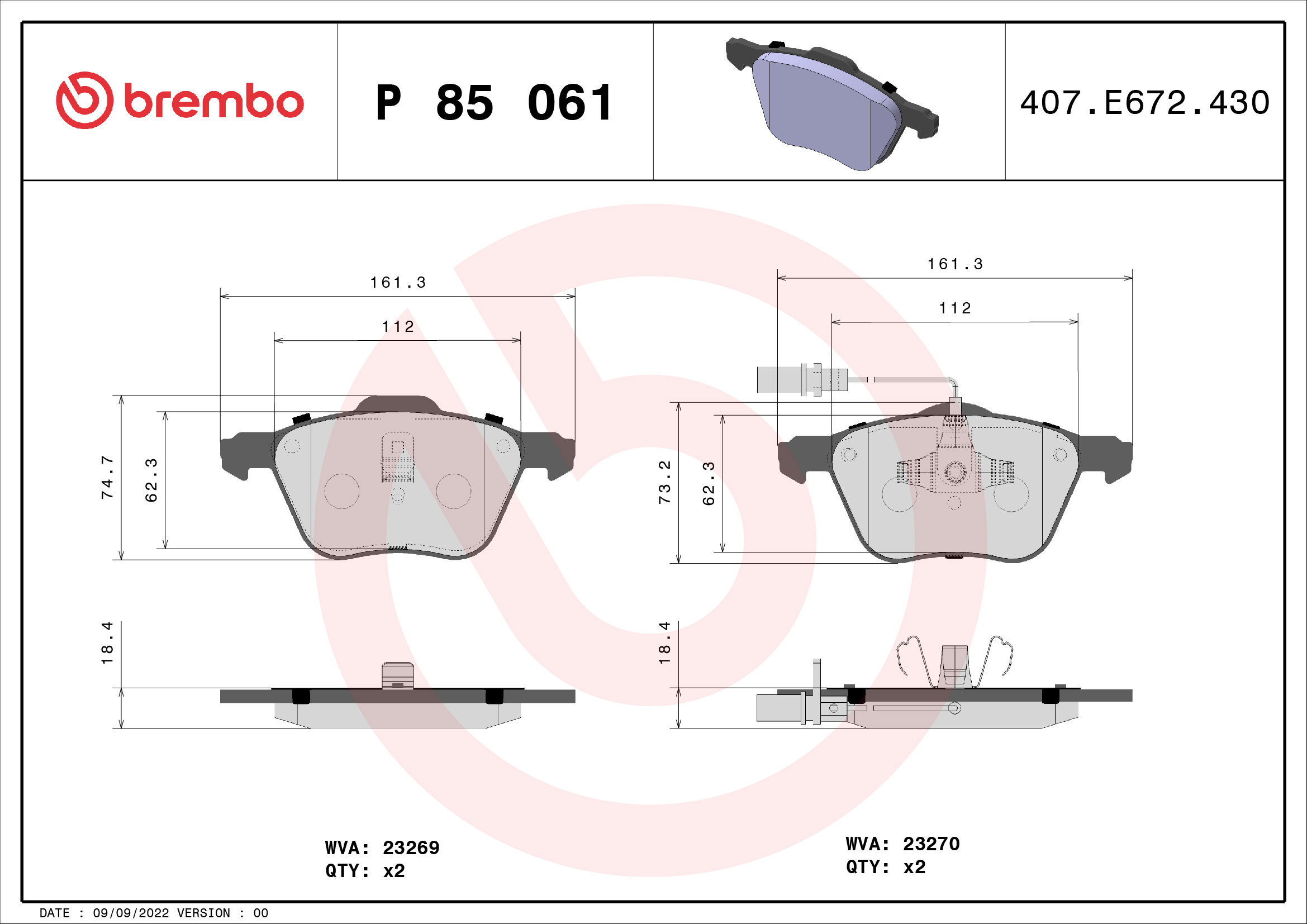 BREMBO Súprava brzdových doštičiek P 85 061