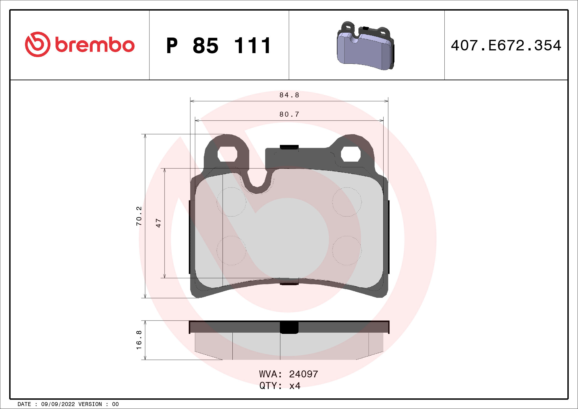 BREMBO Súprava brzdových doštičiek P 85 111