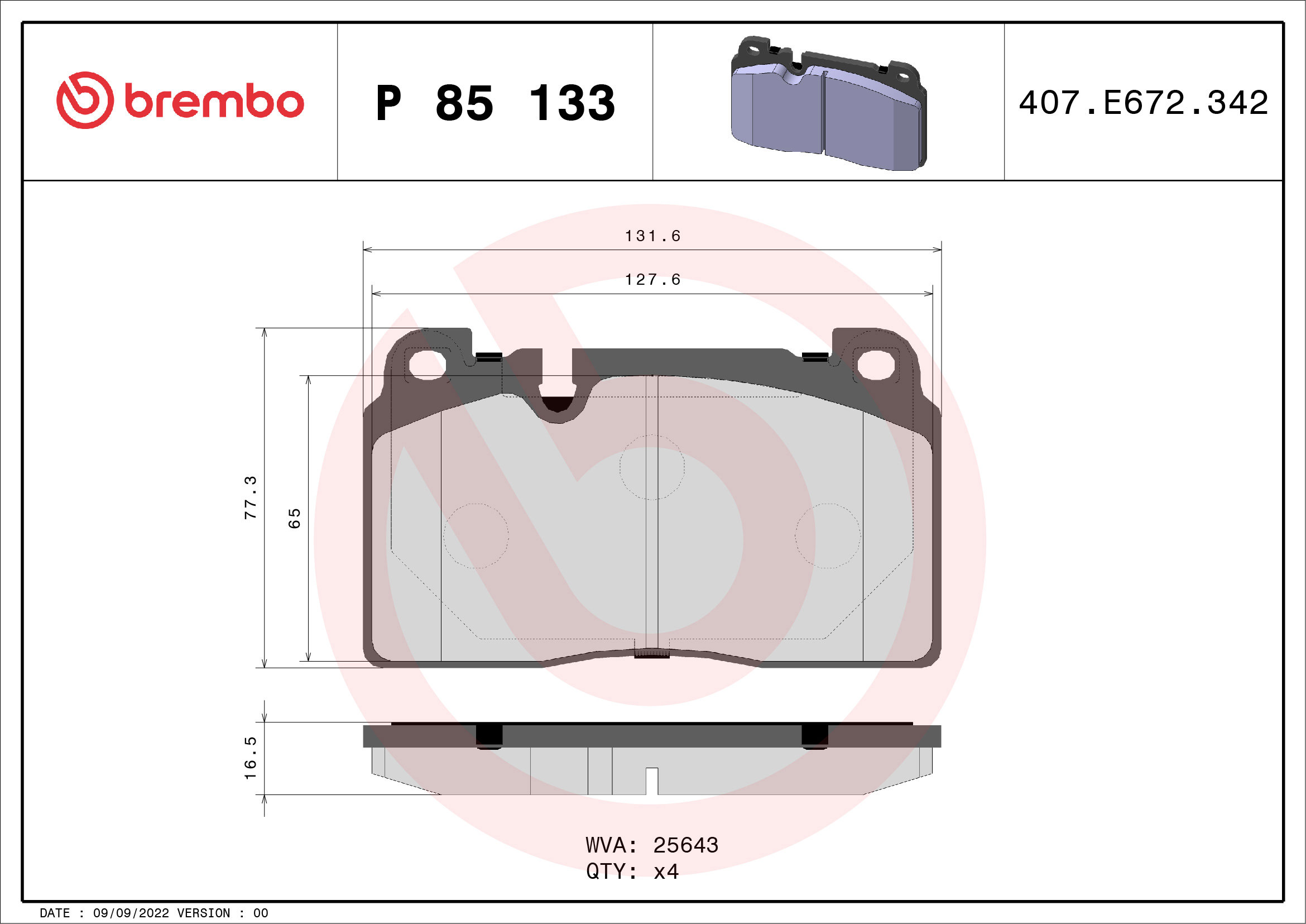 BREMBO Súprava brzdových doštičiek P 85 133