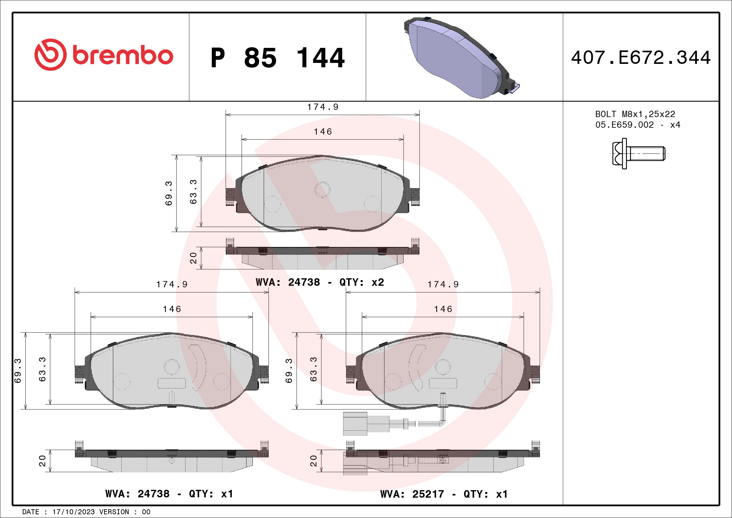 BREMBO Súprava brzdových doštičiek P 85 144