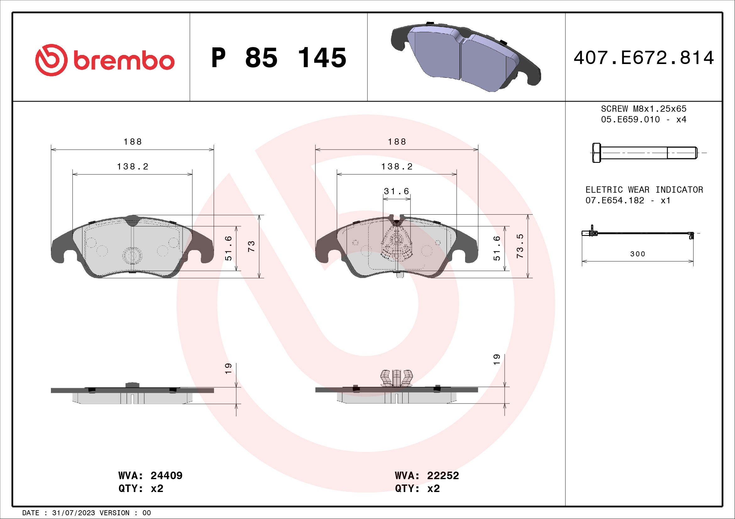 BREMBO Súprava brzdových doštičiek P 85 145