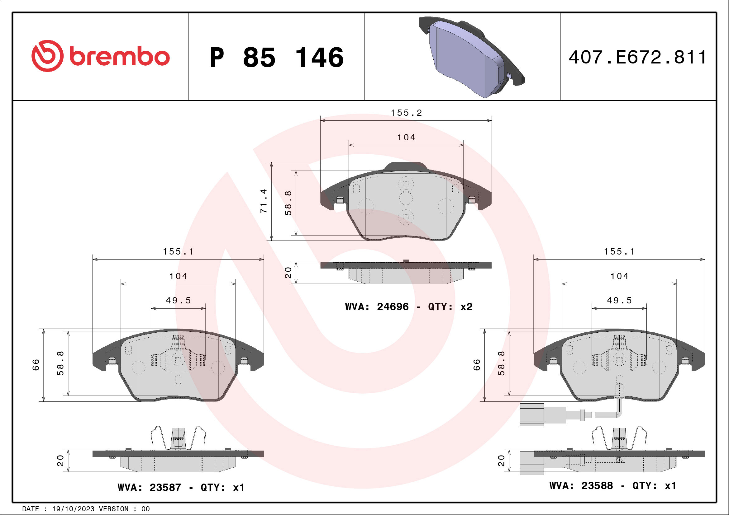 BREMBO Súprava brzdových doštičiek P 85 146X