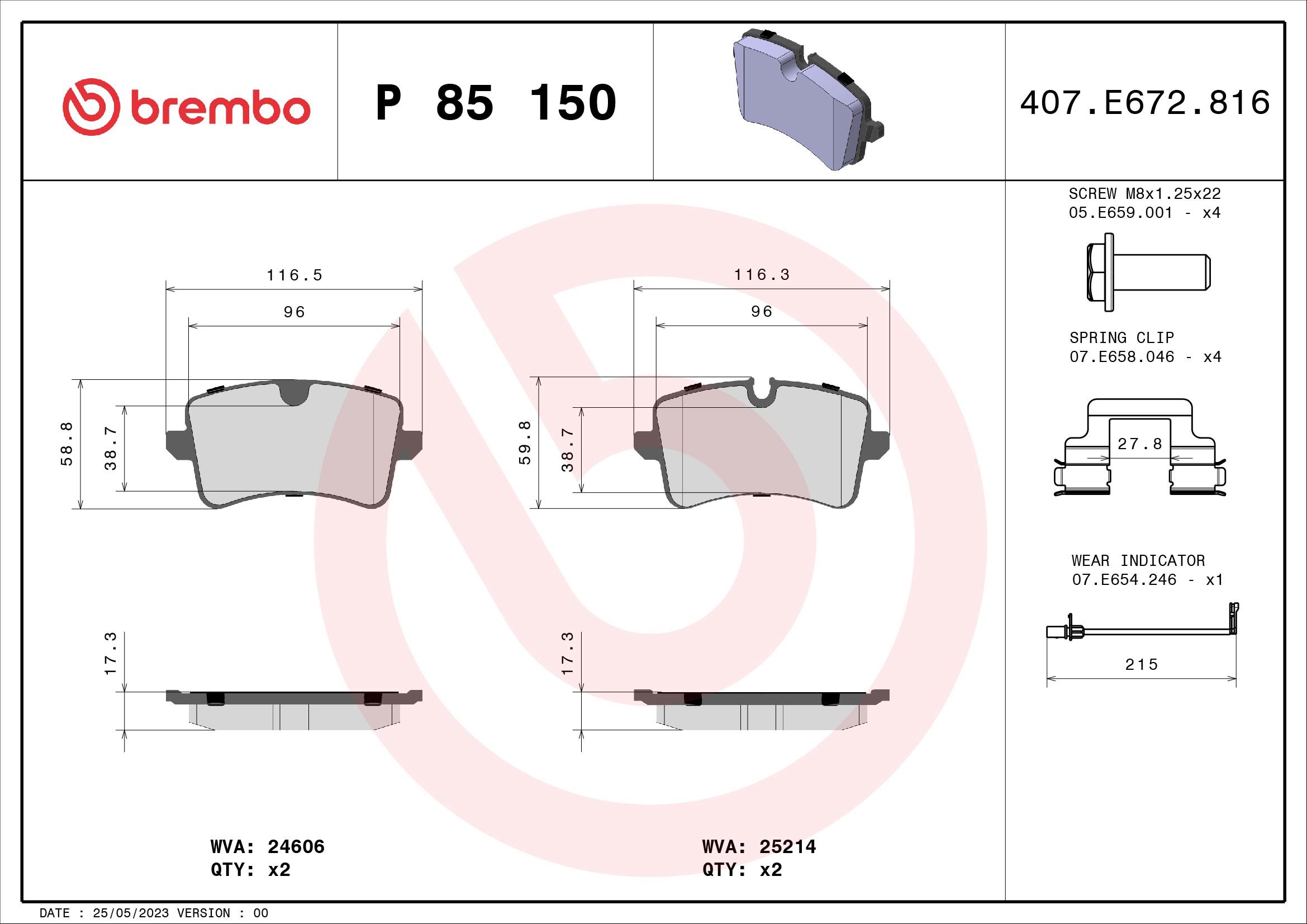 BREMBO Súprava brzdových doštičiek P 85 150