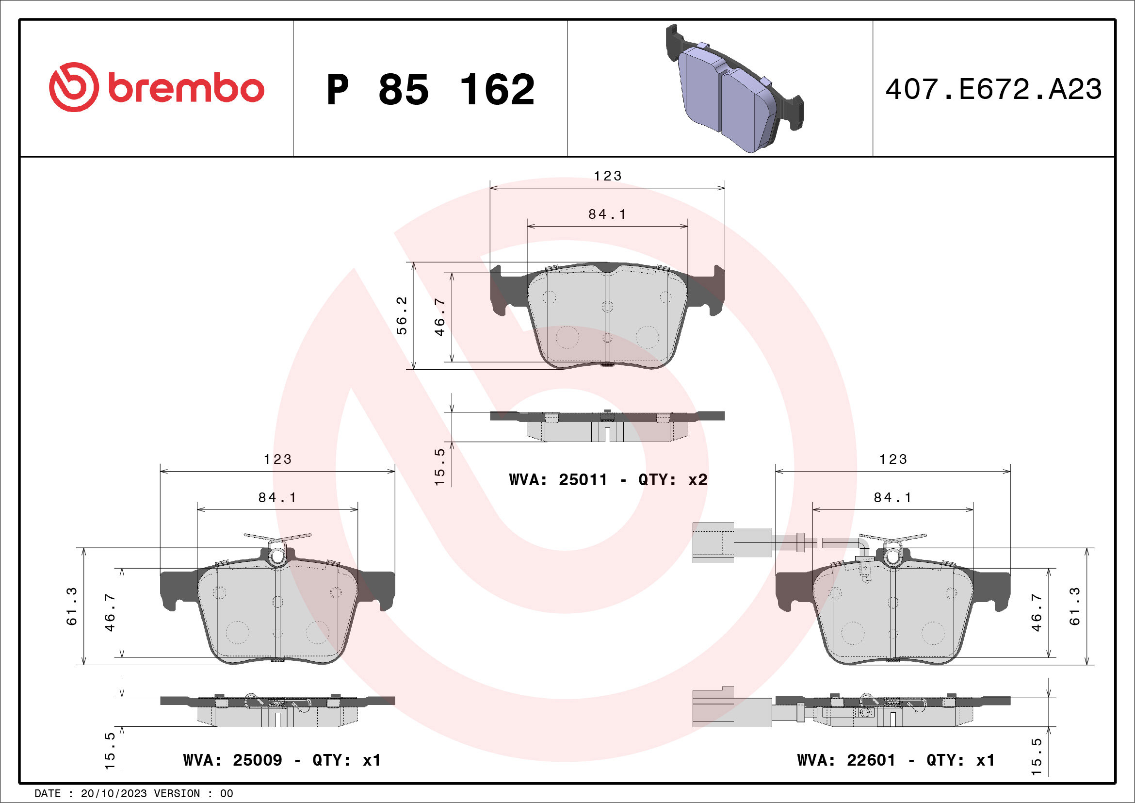 BREMBO Súprava brzdových doštičiek P 85 162