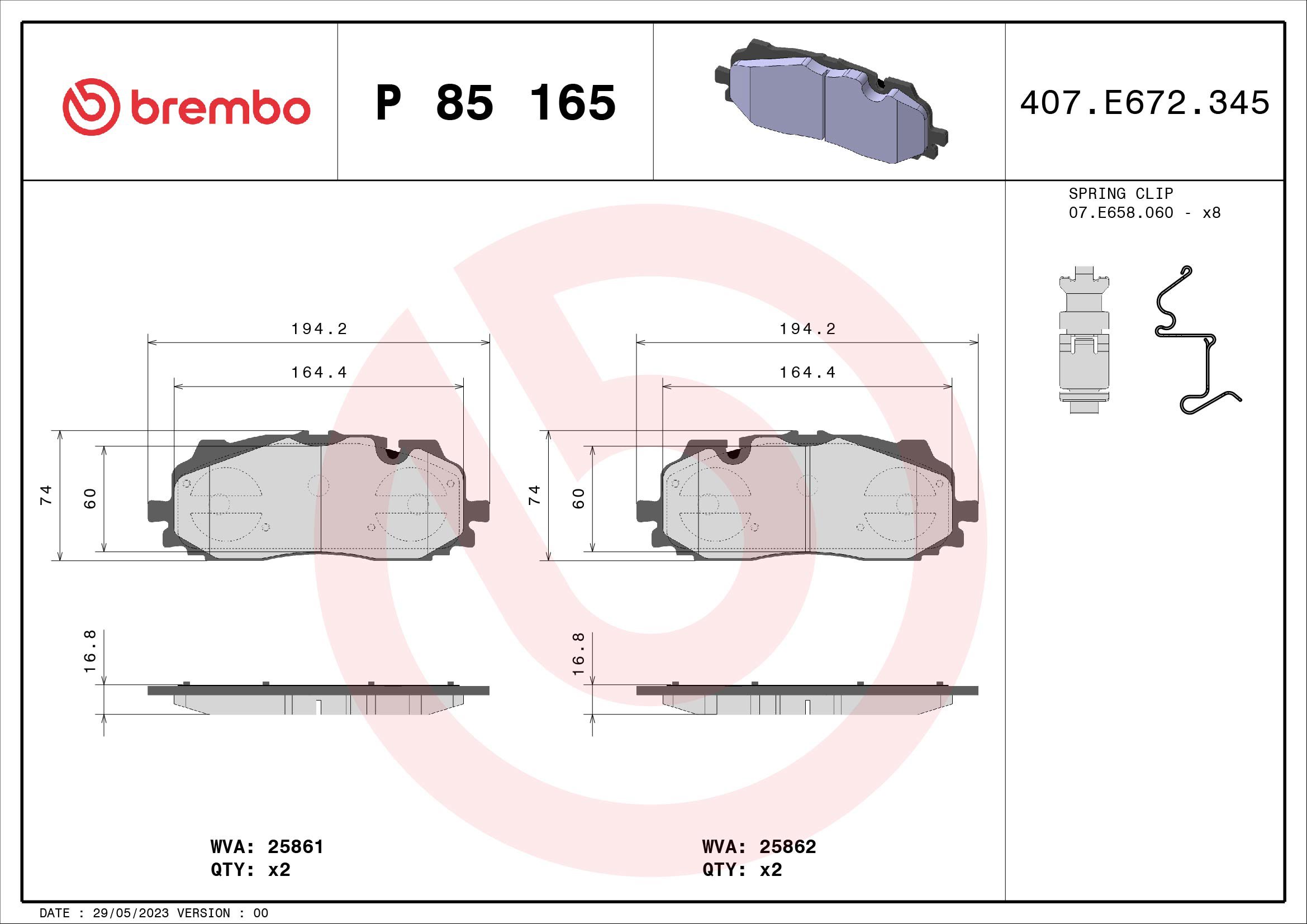 BREMBO Súprava brzdových doštičiek P 85 165X