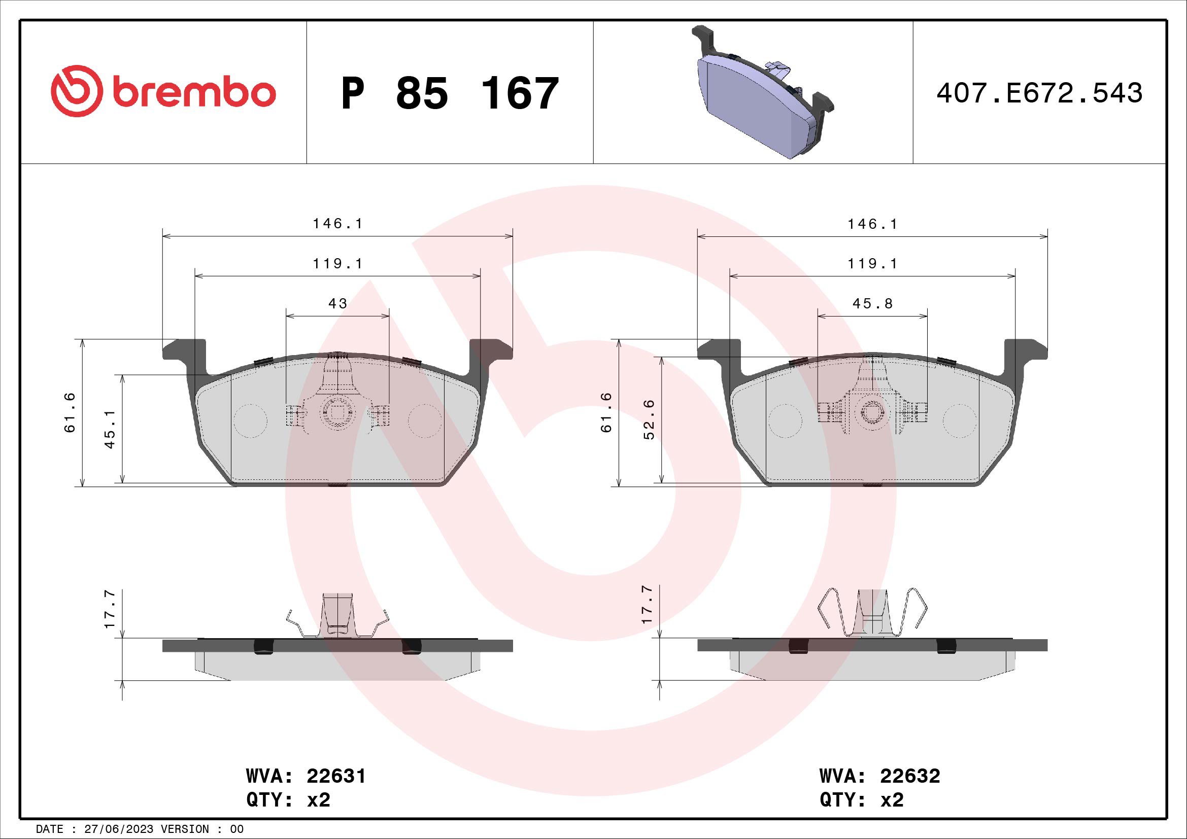 BREMBO Súprava brzdových doštičiek P 85 167