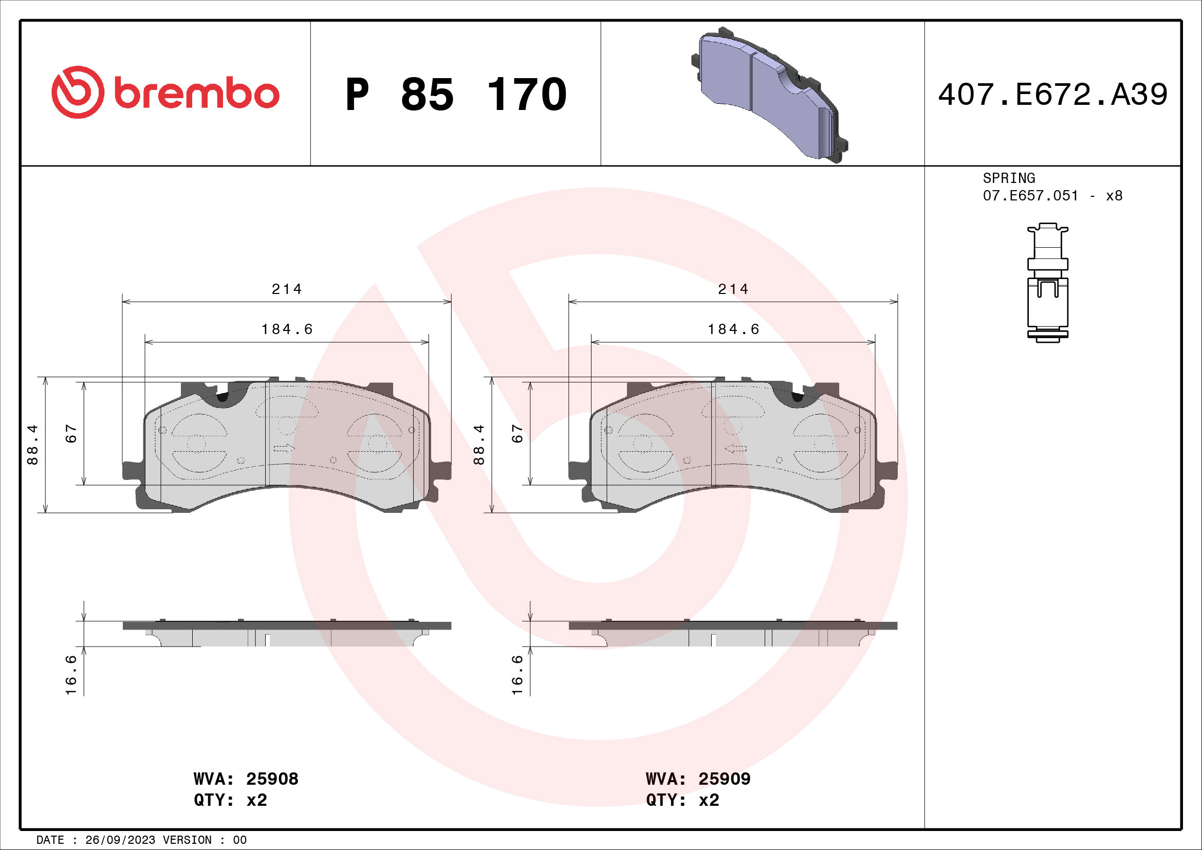BREMBO Súprava brzdových doštičiek P 85 170