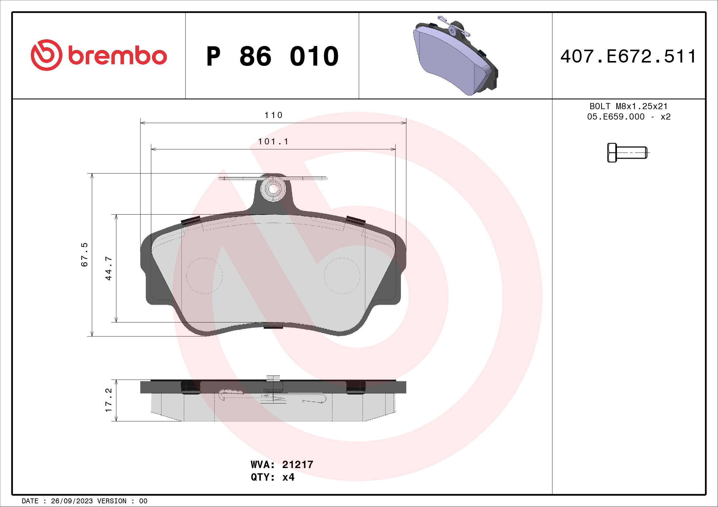 BREMBO Súprava brzdových doštičiek P 86 010