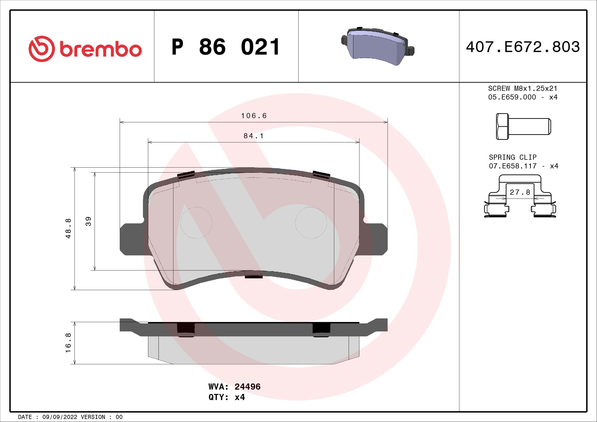 BREMBO Súprava brzdových doštičiek P 86 021X
