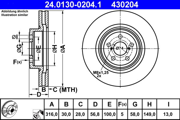 ATE 430204 brzdový kotúč 24.0130-0204.1, súprava 2 ks