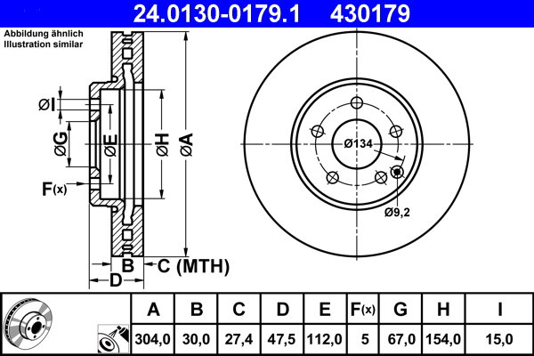 ATE 430179 brzdový kotúč 24.0130-0179.1, súprava 2 ks