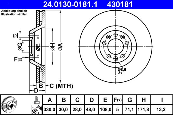 ATE 430181 brzdový kotúč 24.0130-0181.1, súprava 2 ks