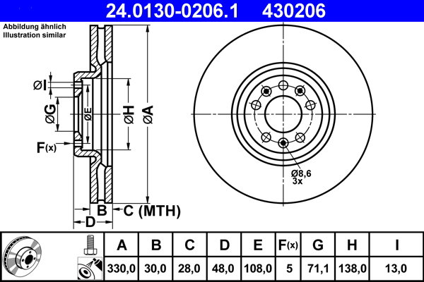 ATE 430206 brzdový kotúč 24.0130-0206.1, súprava 2 ks
