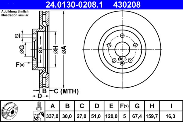 ATE 430208 brzdový kotúč 24.0130-0208.1, súprava 2 ks