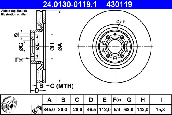 ATE 430119 brzdový kotúč 24.0130-0119.1, súprava 2 ks