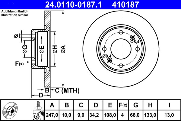 ATE 410187 brzdový kotúč 24.0110-0187.1, súprava 2 ks