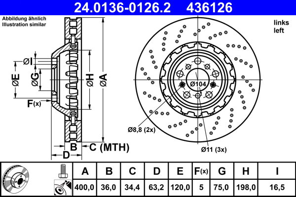 ATE 436126 brzdový kotúč 24.0136-0126.2, súprava 2 ks