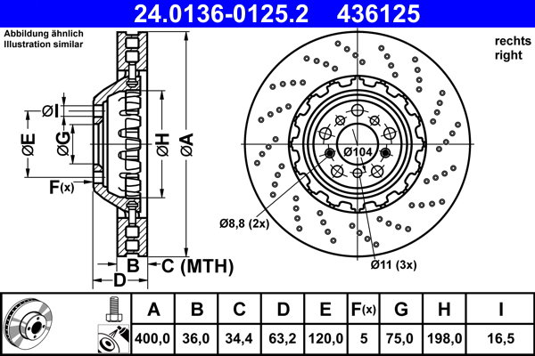 ATE 436125 brzdový kotúč 24.0136-0125.2, súprava 2 ks
