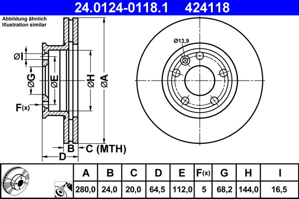 ATE 424118 brzdový kotúč 24.0124-0118.1, súprava 2 ks