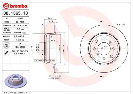 BREMBO brzdový kotúč 08.1365.10, súprava 2 ks