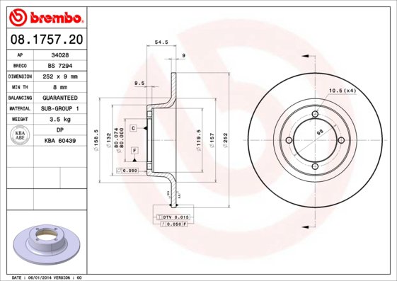BREMBO brzdový kotúč 08.1757.20, súprava 2 ks