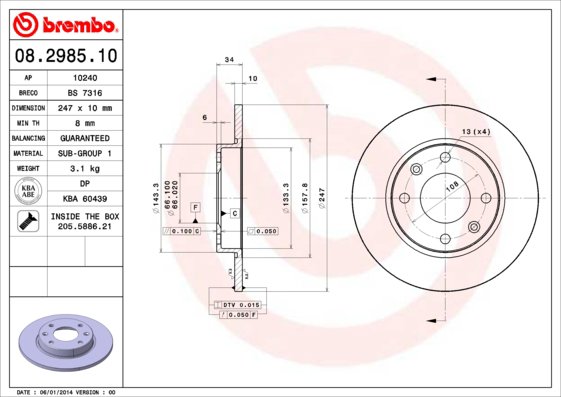 BREMBO brzdový kotúč 08.2985.10, súprava 2 ks