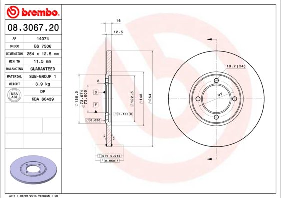 BREMBO brzdový kotúč 08.3067.20, súprava 2 ks