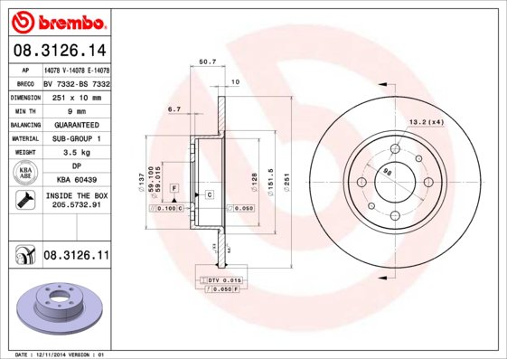 BREMBO brzdový kotúč 08.3126.11, sada 2 ks