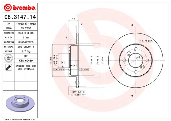 BREMBO brzdový kotúč 08.3147.14, súprava 2 ks