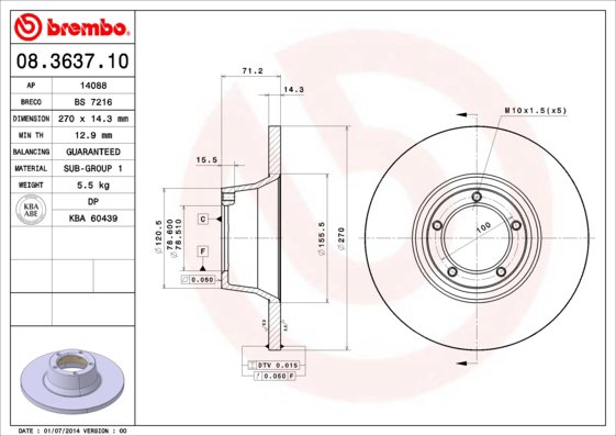 BREMBO brzdový kotúč 08.3637.10, súprava 2 ks